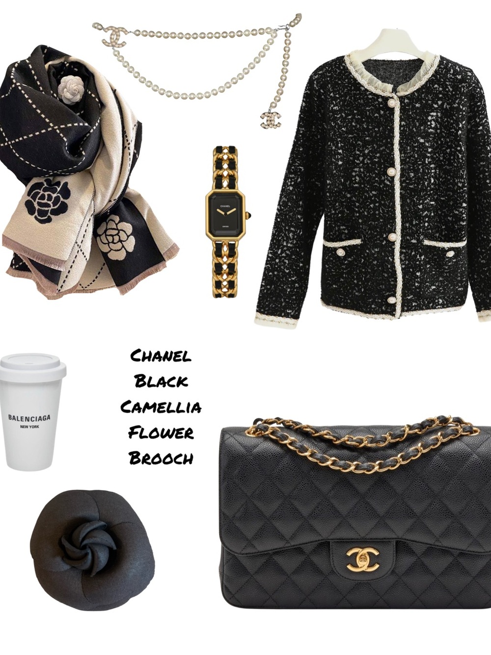 CHANEL Black Camellia Flower Brooch